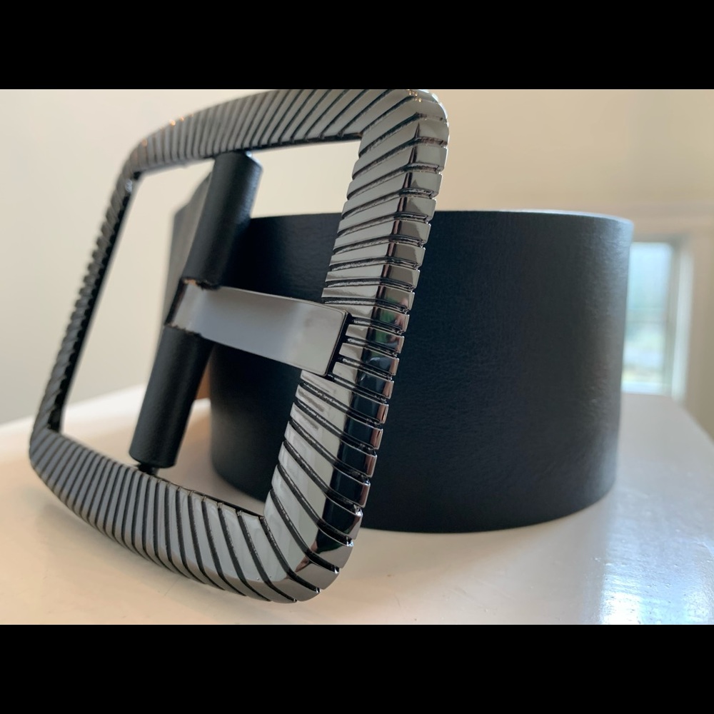 Black leather engraved belt buckle